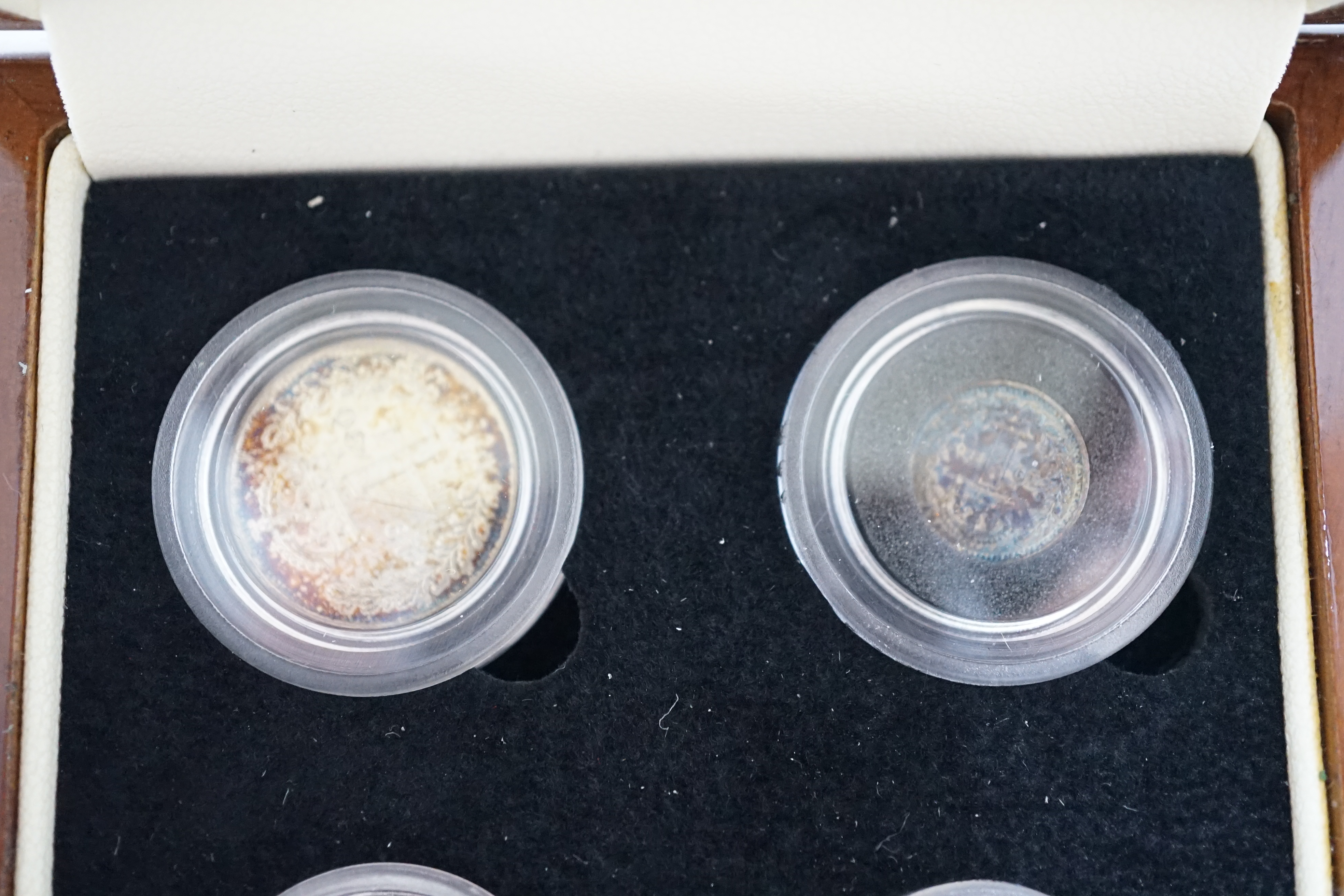 British silver coins, George V four coin set of Maundy coins, toned UNC, in London Mint case